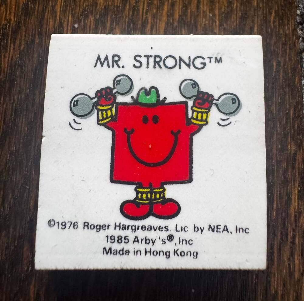 VINTAGE Arby's Mr. Men Mr. Strong 1985 Rubber 1 6/16in. Eraser ROGER HARGREAVES